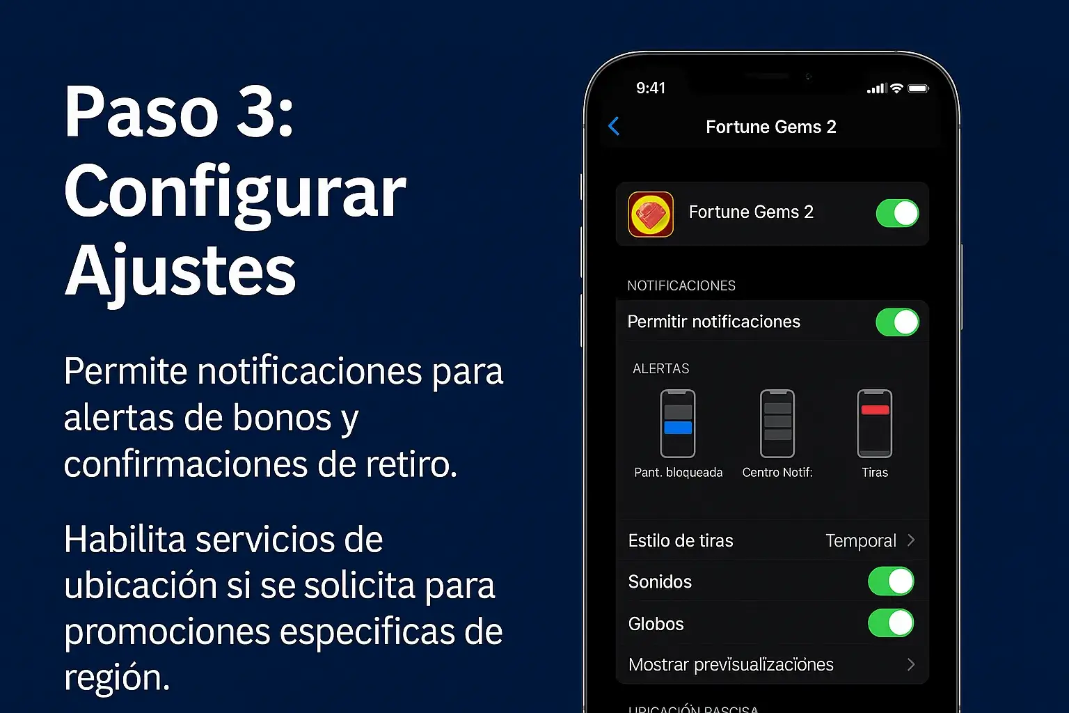 Configuración app Fortune Gems 2